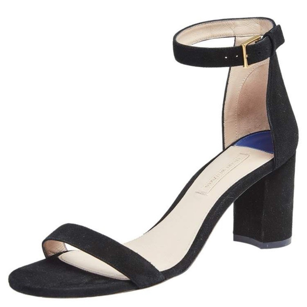Stuart Weitzman 75 Less Nudist Black Suede Ankle Strap Sandal Block Heel Sz 10M